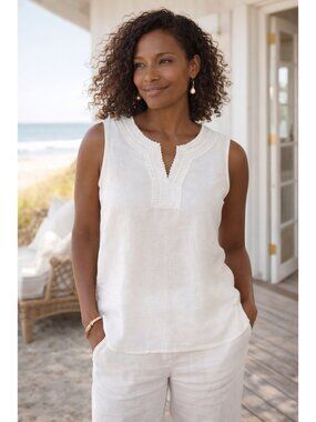Talbots Womens XL White Linen Sleeveless Blouse Embroidered Boho Coastal Top